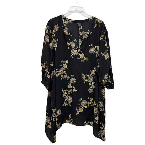 Torrid Size 3  Long Sleeve 3/4 Roll Sleeve Tunic Black Yellow Floral Polyester - Picture 1 of 6